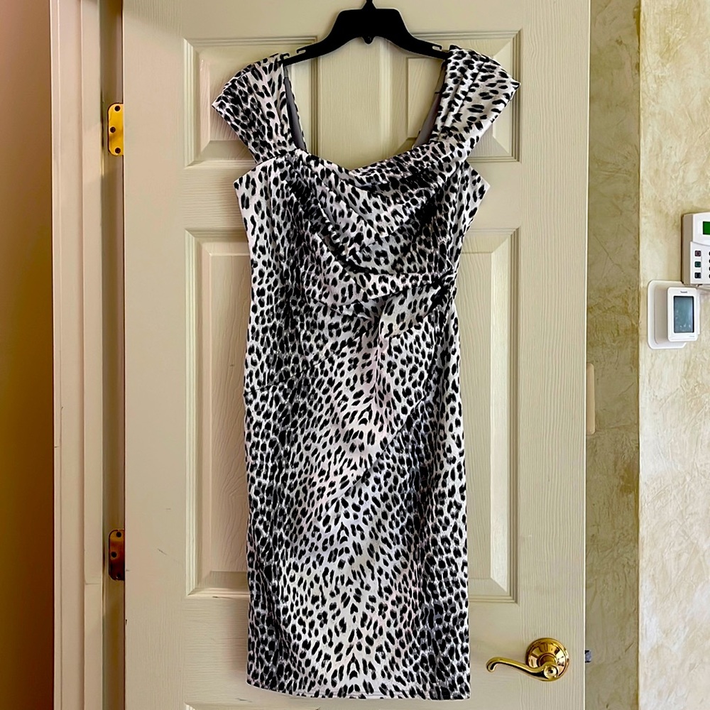 Tadashi Shoji black and white animal print formal dress